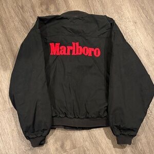 Vintage 90s Marlboro Black Jacket Bomber Red Lettering Reversible Embroidered L